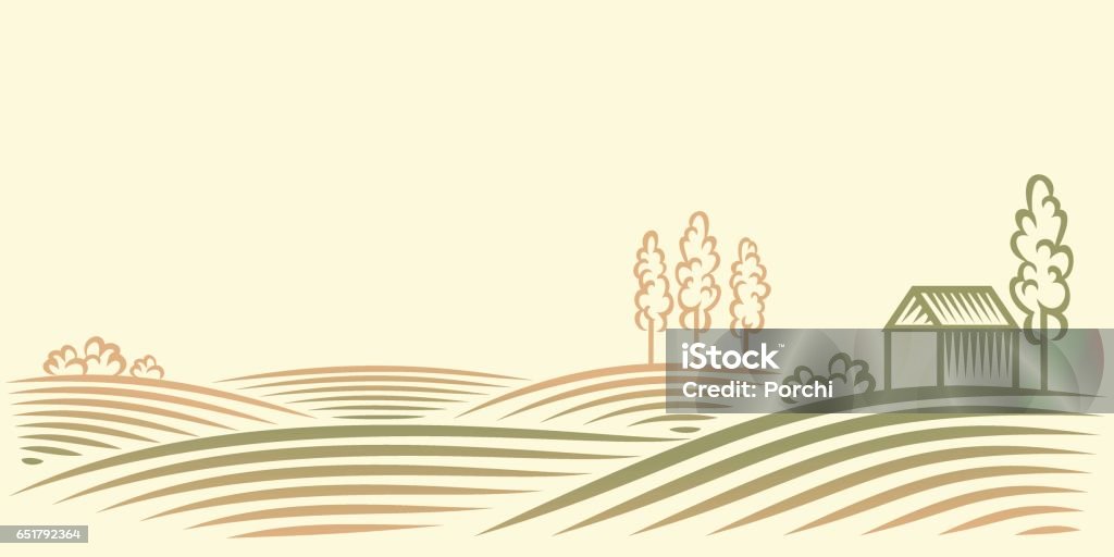Ländlichen Landschaft mit Feldern, Haus und Bäume - Lizenzfrei Feld Vektorgrafik