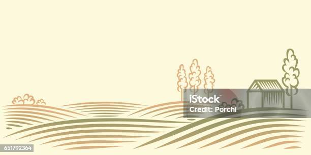Ländlichen Landschaft Mit Feldern Haus Und Bäume Stock Vektor Art und mehr Bilder von Feld - Feld, Agrarbetrieb, Weinberg