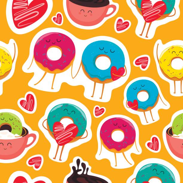 illustrazioni stock, clip art, cartoni animati e icone di tendenza di divertenti adesivi per i personaggi delle ciambelle nel tempo libero. - coffee bagel donut coffee cup