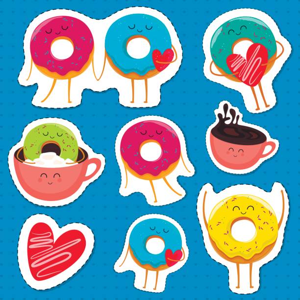 ilustrações, clipart, desenhos animados e ícones de donut engraçado personagens adesivos em lazer. - coffee bagel donut coffee cup