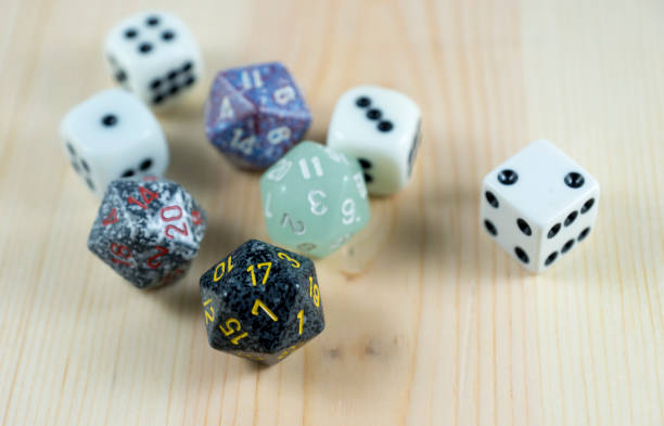 multiple dice on wood - hoby imagens e fotografias de stock