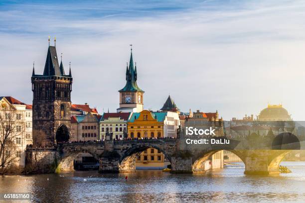 Charles Bridge And Lesser Town Tower Prague Czech Republic Stock Photo - Download Image Now