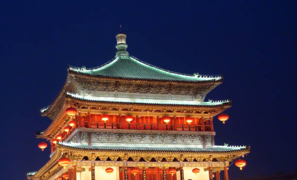 vista da torre do sino de xi'an na noite na província de xi'an shaanxi.china.leste da ásia - xian tower drum china - fotografias e filmes do acervo