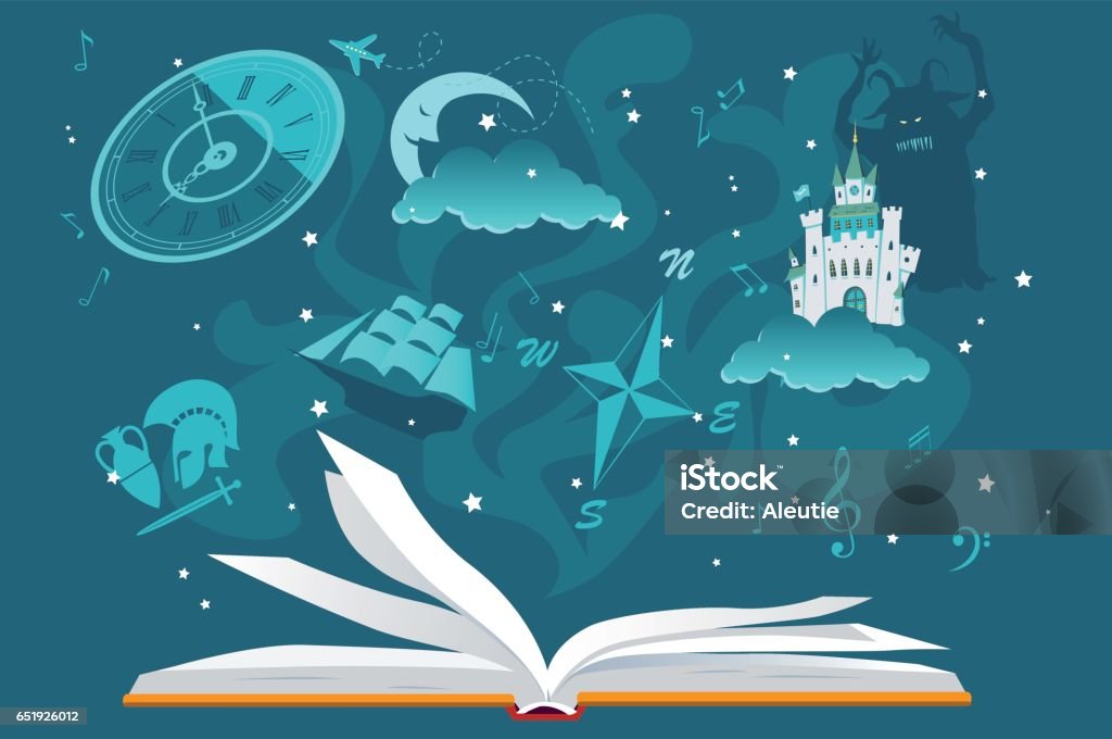 Open book Open book with imaginary fantastic images hovering over it, EPS 8 vector illustration, no transparencies Fairy Tale stock vector Open book Open book with imaginary fantastic images hovering over it, EPS 8 vector illustration, no transparencies Fairy Tale stock vector