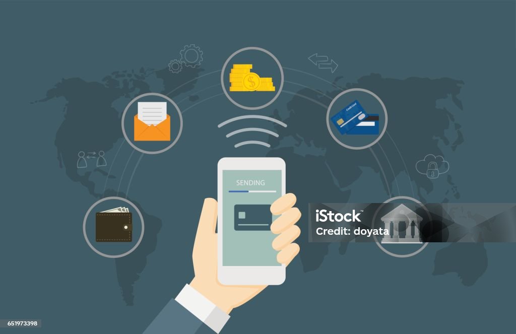 Online Money Transaction Concept People Send Online Money With Smartphone And Online Banking Icon Electronic Banking stock vector Online Money Transaction Concept People Send Online Money With Smartphone And Online Banking Icon Electronic Banking stock vector