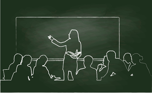 Chalk vector illustration of a woman teacher and students listening to the lecture