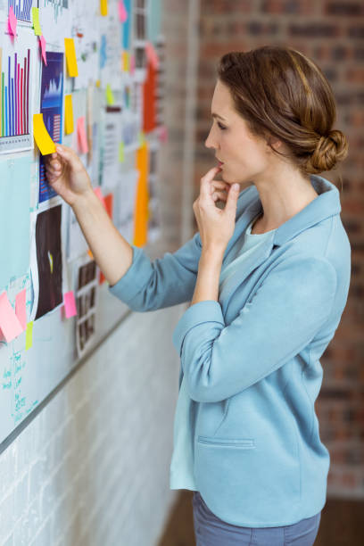 istock Businesswoman putting sticky notes on whiteboard 652127966