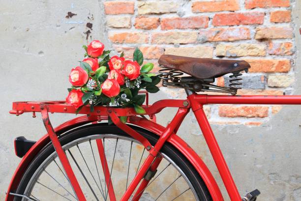 istock Closeup flower on saddle red bicycle  classic vintage 652130548