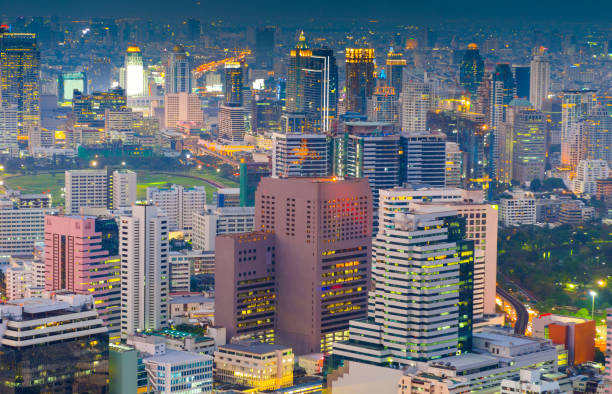 istock Panoramic view Cityscape business district from aerial view high building at dusk (Bangkok, Thailand) 652150528