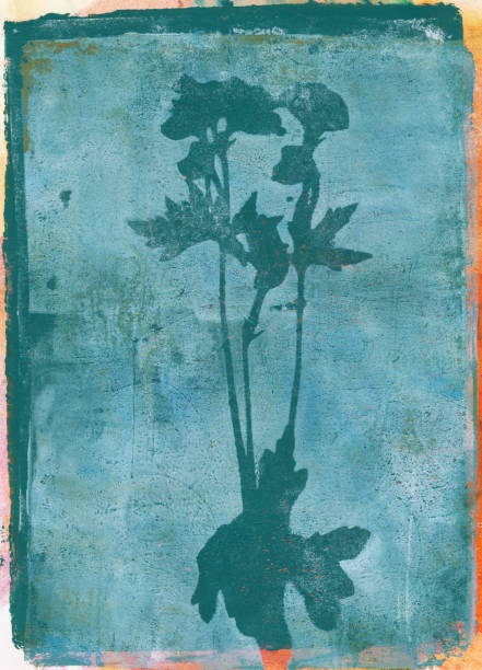 An handmade textured print created using natural dried plant leaves. There is a grungy texture throughout the painting with rough edges. The prominent colors are shades of green and blue mixed media on paper.