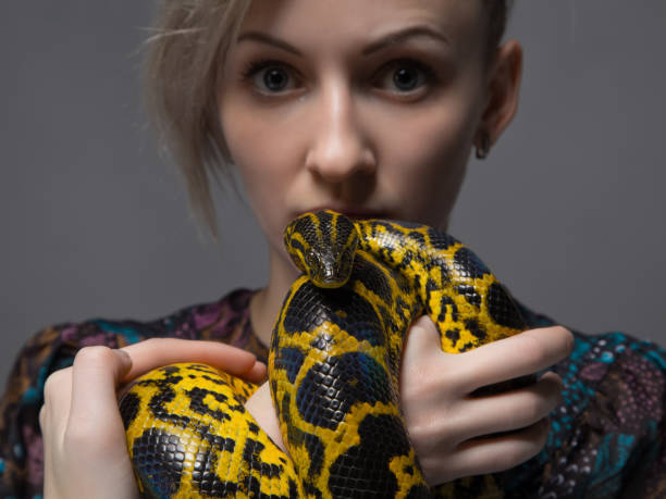 istock Blond woman holding yellow anaconda 652159322
