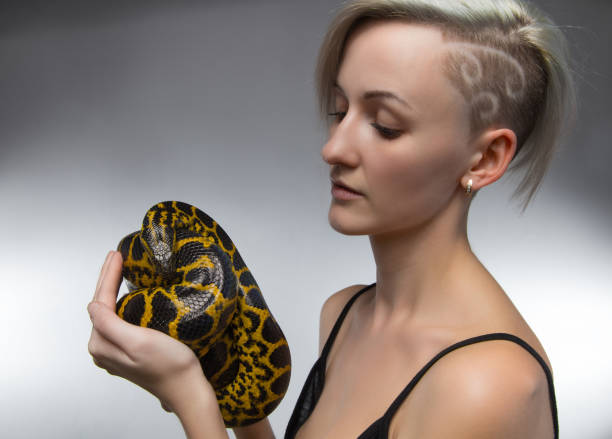 istock Blond woman holding yellow anaconda 652162008