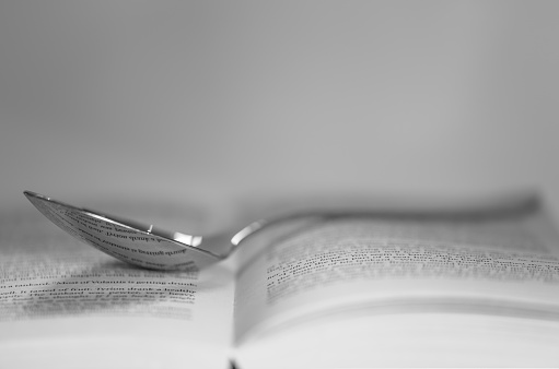 Close-up shot of a spoon reflecting a book's text. The metaphor is to feed ourselves through reading