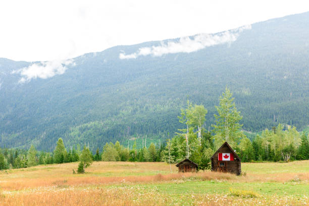 Old wooden barn nestled into side of hill near Armstrong, British Columbia. Surrounded by trees and hay field, with evening sky above.