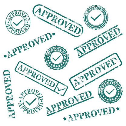 Set of round and rectangular stamps approved isolated on white background, vector illustration.