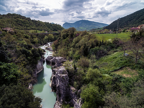 Spring in the Furlo Gorge in the Apennine mountains of the Marche region of Italy, with beautiful snow melt clear water.