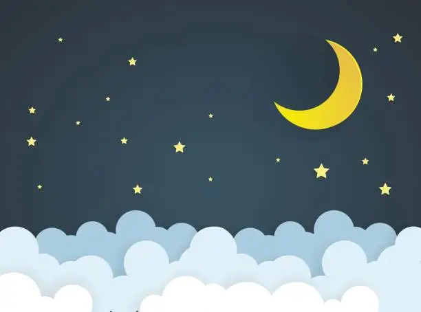 Vector illustration of moon and stars in midnight .paper art style