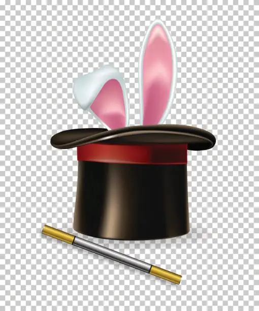 Vector illustration of Vector rabbit ears, magic hat and magic wand.
