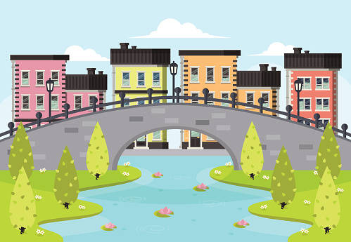 Spring city landscape. Old town by the river. Flat design style.