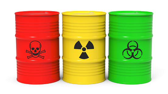 Different barrels with toxic waste isolated on white background 3D rendering