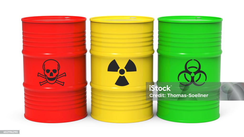 Toxic waste Different barrels with toxic waste isolated on white background 3D rendering Toxic Waste Stock Photo