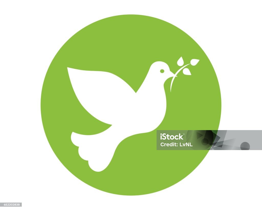 White dove icon White dove with branch as religion concept and symbol. Green icon in flat design. Pentecost - Religious Celebration stock vector