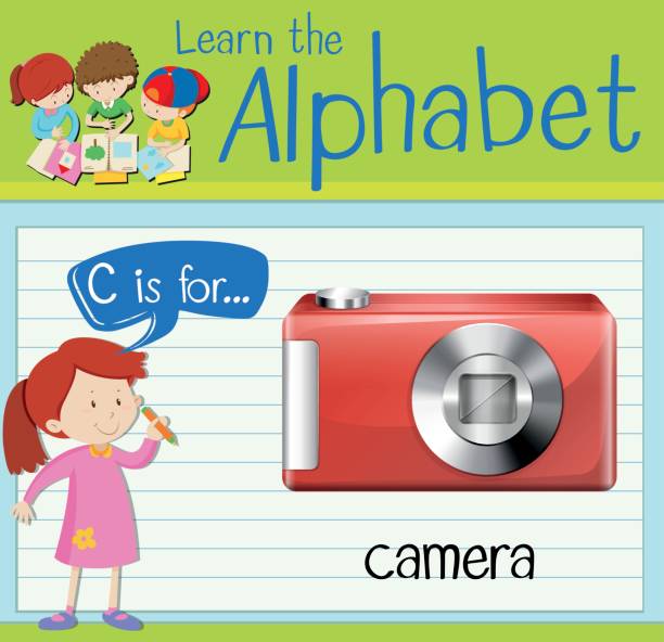 ilustraciones, imágenes clip art, dibujos animados e iconos de stock de tarjeta educativa con letra c es para cámara - paper clip flash