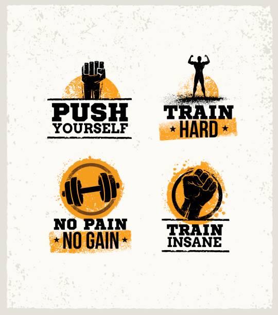 ilustraciones, imágenes clip art, dibujos animados e iconos de stock de gimnasio fitness fuerte entrenamiento motivación elementos de diseño. deporte forma signo vector sobre fondo áspero - muscular build illustrations