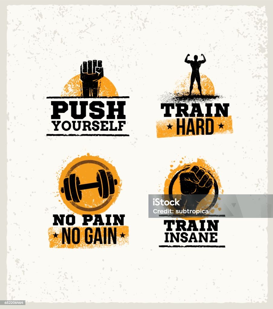 Strong Fitness Gym Workout Motivation Design Elements. Sport Fit Sign Vector On Rough Background Strong Fitness Gym Workout Motivation Design Elements. Sport Fit Sign Vector On Rough Background. Gym stock vector