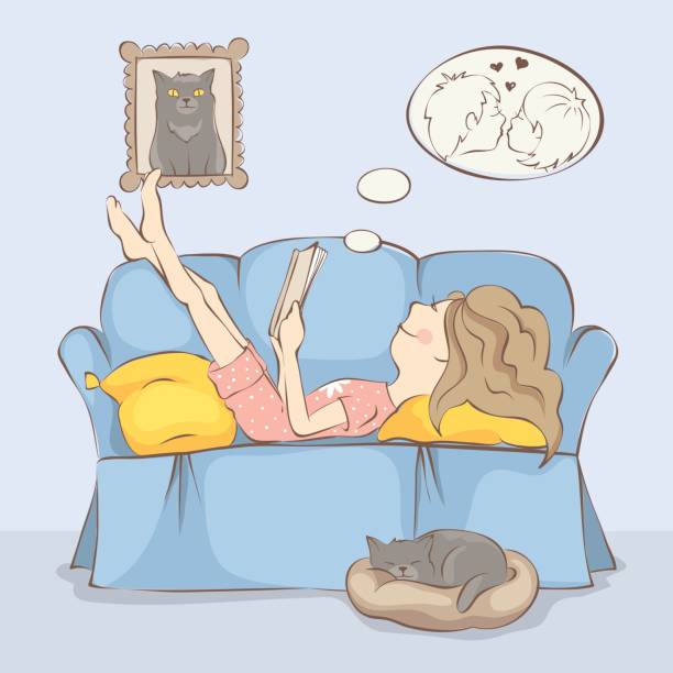 ilustrações, clipart, desenhos animados e ícones de mulher lendo um livro  - domestic cat indoors domestic life image