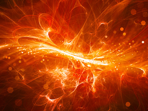 Fiery glowing high energy plasma field in space with particles, computer generated abstract background