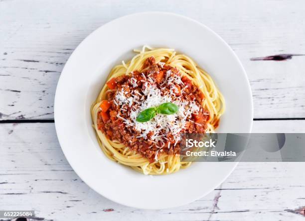 Spaghetti Bolognese On A White Plate Stock Photo - Download Image Now - Pasta, Spaghetti Bolognese, Spaghetti