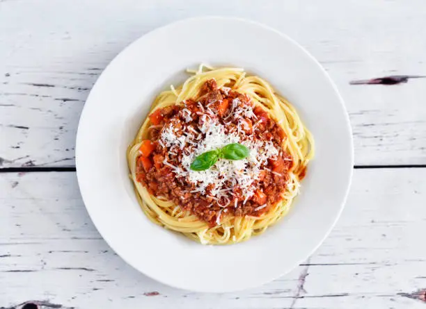 Photo of Spaghetti Bolognese on a white plate