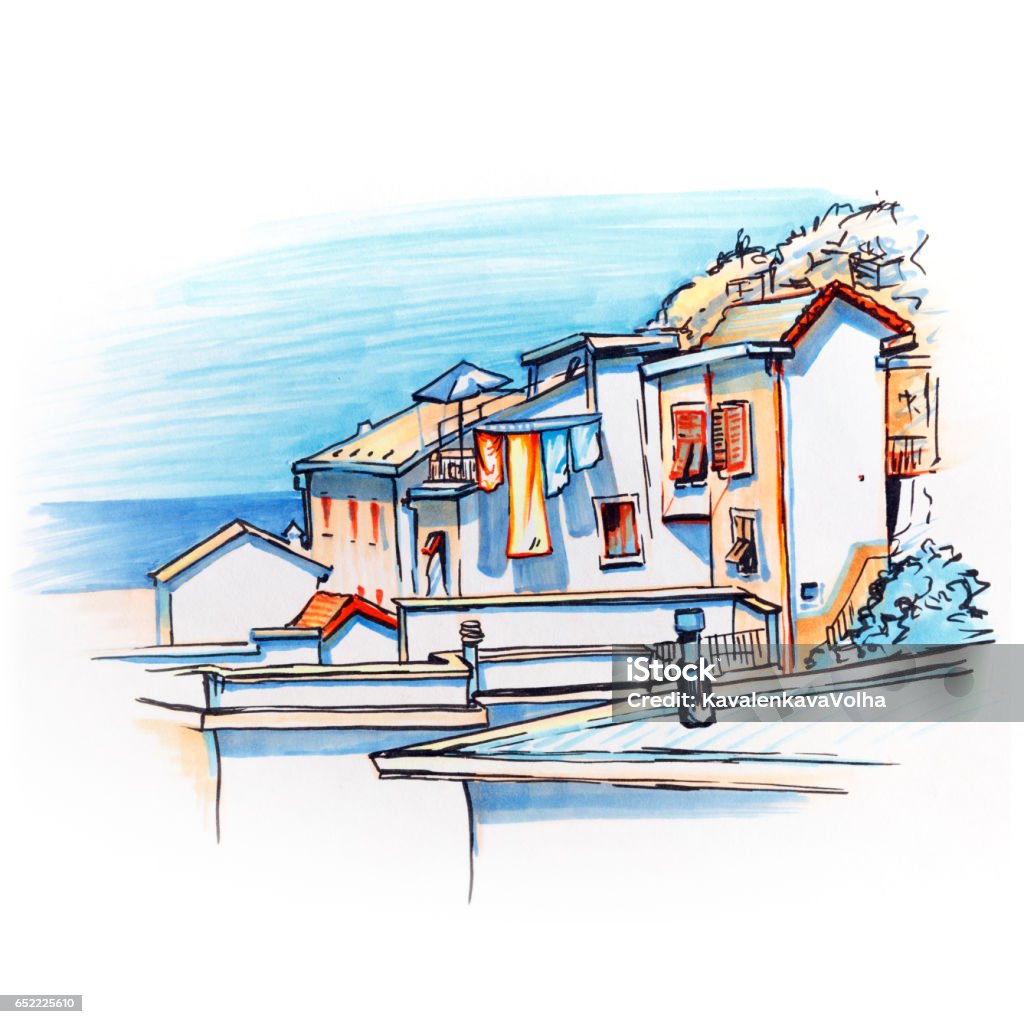 Colorful houses in Manarola, Ligury, Italy Picturesque view of colorful houses in Manarola fishing village in Five lands, Cinque Terre National Park, Liguria, Italy. Picture made markers Cinque Terre stock illustration