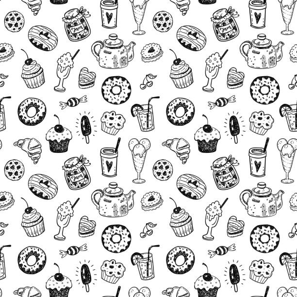 Print Seamless pattern with hand drawn doodle dessert food cake tea sketch stock illustrations