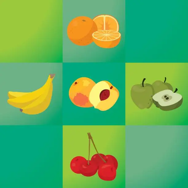 Vector illustration of oranges, bananas, peaches, apples, cherries - healthy fruit