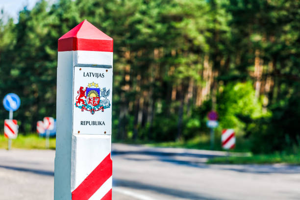 istock Latvia country border sign 652236230