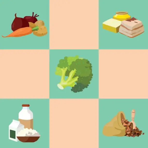 Vector illustration of Fat, broccoli, vegetables, cereals, dairy products