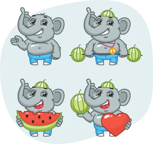 Elephant Holds Watermelon and Shows Character Set Elephant Holds Watermelon and Shows Character Set. Vector Illustration. Mascot Character. elephant ear plant stock illustrations