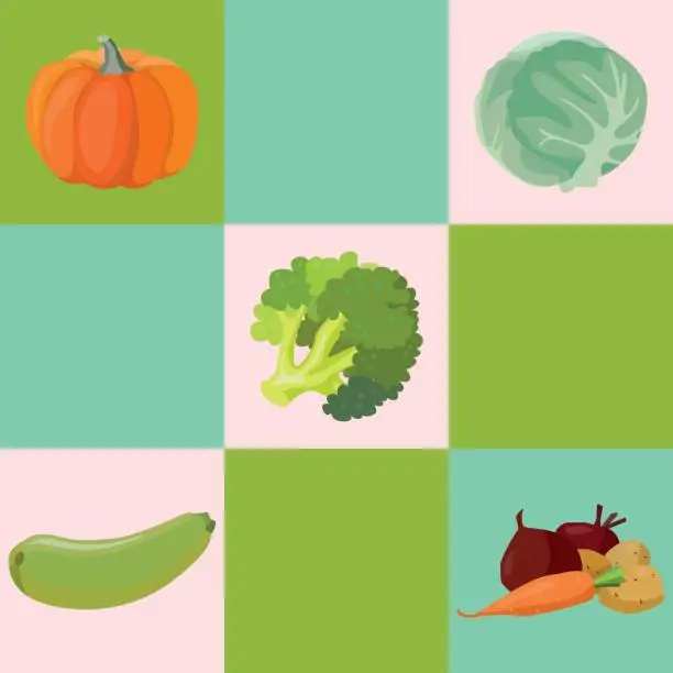 Vector illustration of Vegetables: Pumpkin, cabbage, broccoli, zucchini, beets, carrots, potatoes