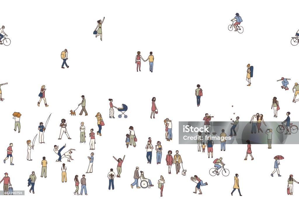 Seamless banner of tiny people, white background Seamless banner of tiny people, can be tiled horizontally: pedestrians in the street, a diverse collection of small hand drawn men and women walking through the city Crowd of People stock vector