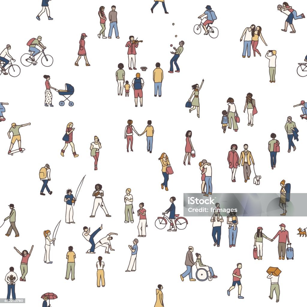 Seamless pattern of tiny people, white background Seamless pattern of tiny people: pedestrians in the street, a diverse collection of small hand drawn men and women walking through the city People stock vector