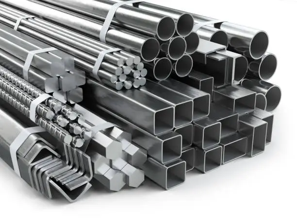 Photo of Different metal products. Stainless steel profiles and tubes.