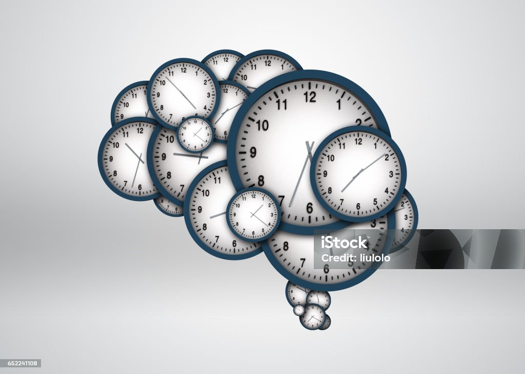 Clock composed of the brain, the brain silhouette The contours of various objects, composed of many watches (time), express a variety of abstract concepts Brain Stock Photo