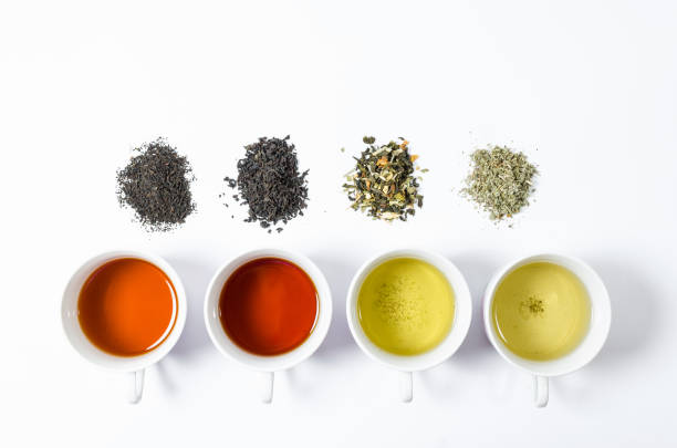 istock Collection of different teas in cups with tea leaves on a white background 652244860