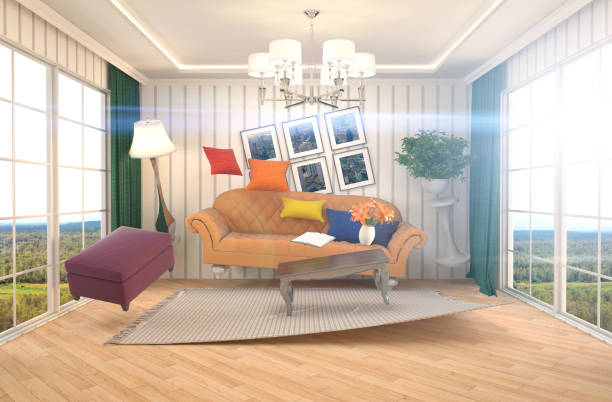 istock Zero Gravity furniture hovering in living room. 3D Illustration 652245346