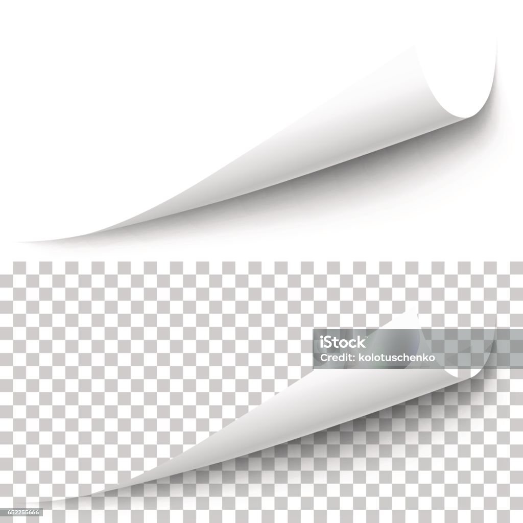 Vector realistic white paper corner Vector realistic white paper corner with shadow on transparent background. 3D page corner curled. Blank sheet of paper. Design element. Page stock vector