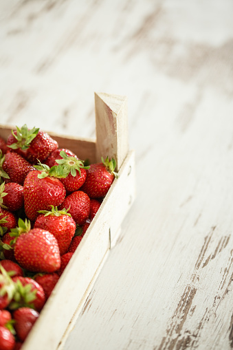 Strawberries in wooden container