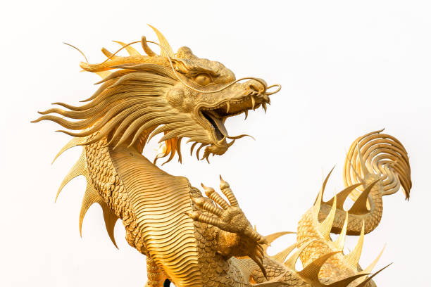 istock Golden dragon statue on white background 652269448
