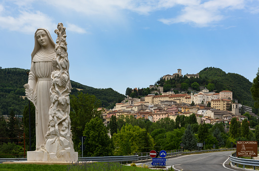 Cascia-panorama with statue of Santa Rita